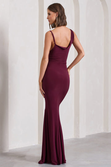 Phantasy Burgundy Asymmetric Neckline Cowl Maxi Dress